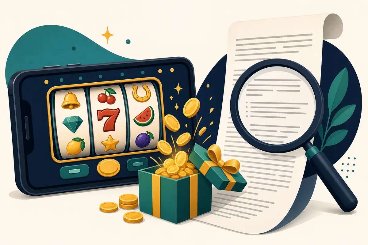 Ilustracja bonusu bez depozytu: telefon z kasynem online, darmowe spiny i lupa nad regulaminem promocji