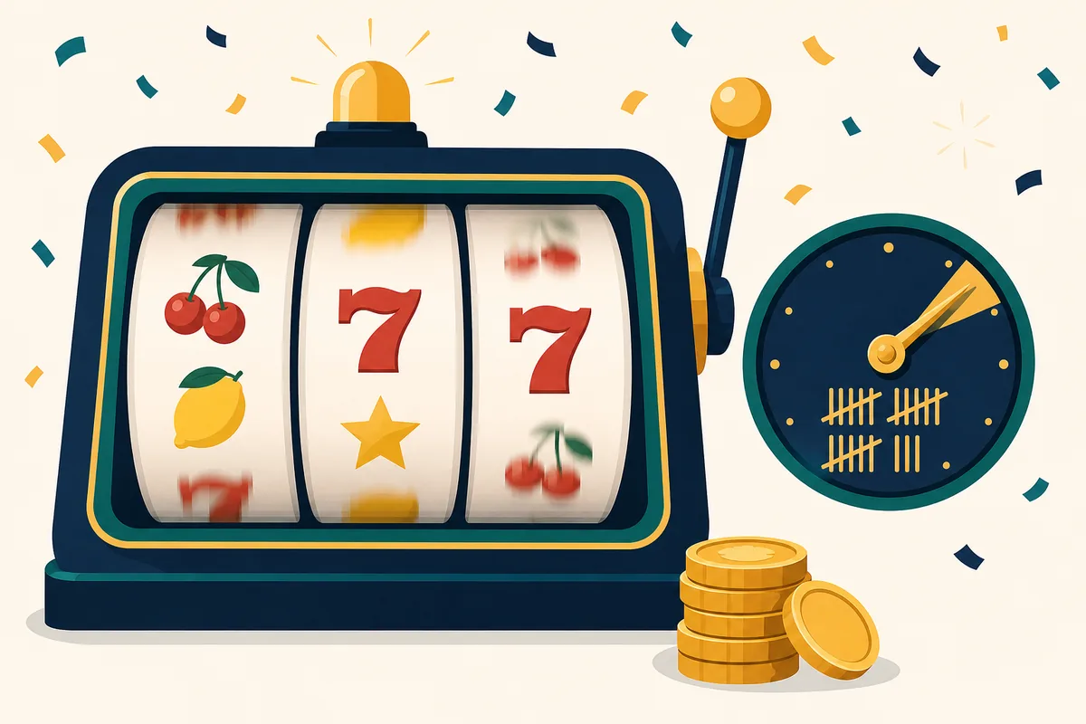 Ilustracja darmowych spinów bez depozytu: bębny automatu i licznik spinów na ekranie telefonu