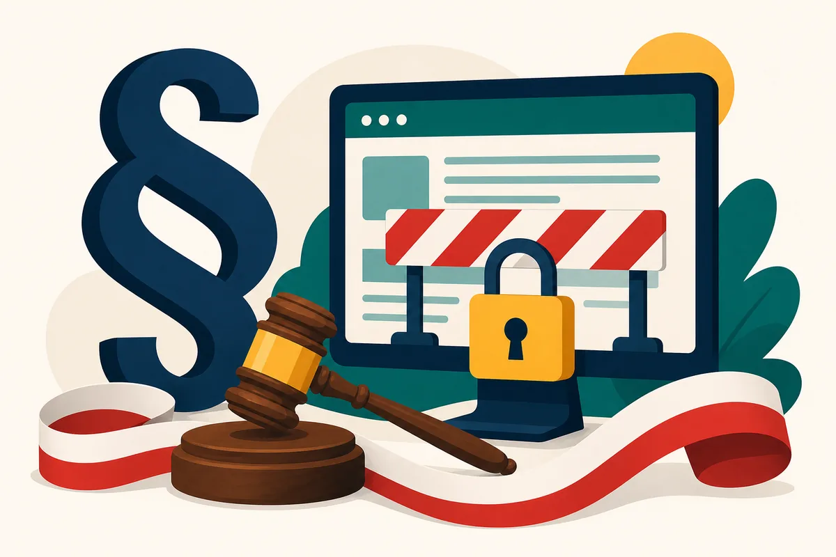 Ilustracja legalności kasyn online w Polsce: paragraf, flaga Polski i ekran z blokadą domeny