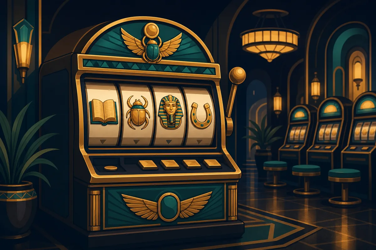 Ilustracja starych gier hazardowych Novomatic: automat w stylu retro z księgą i klasycznymi symbolami